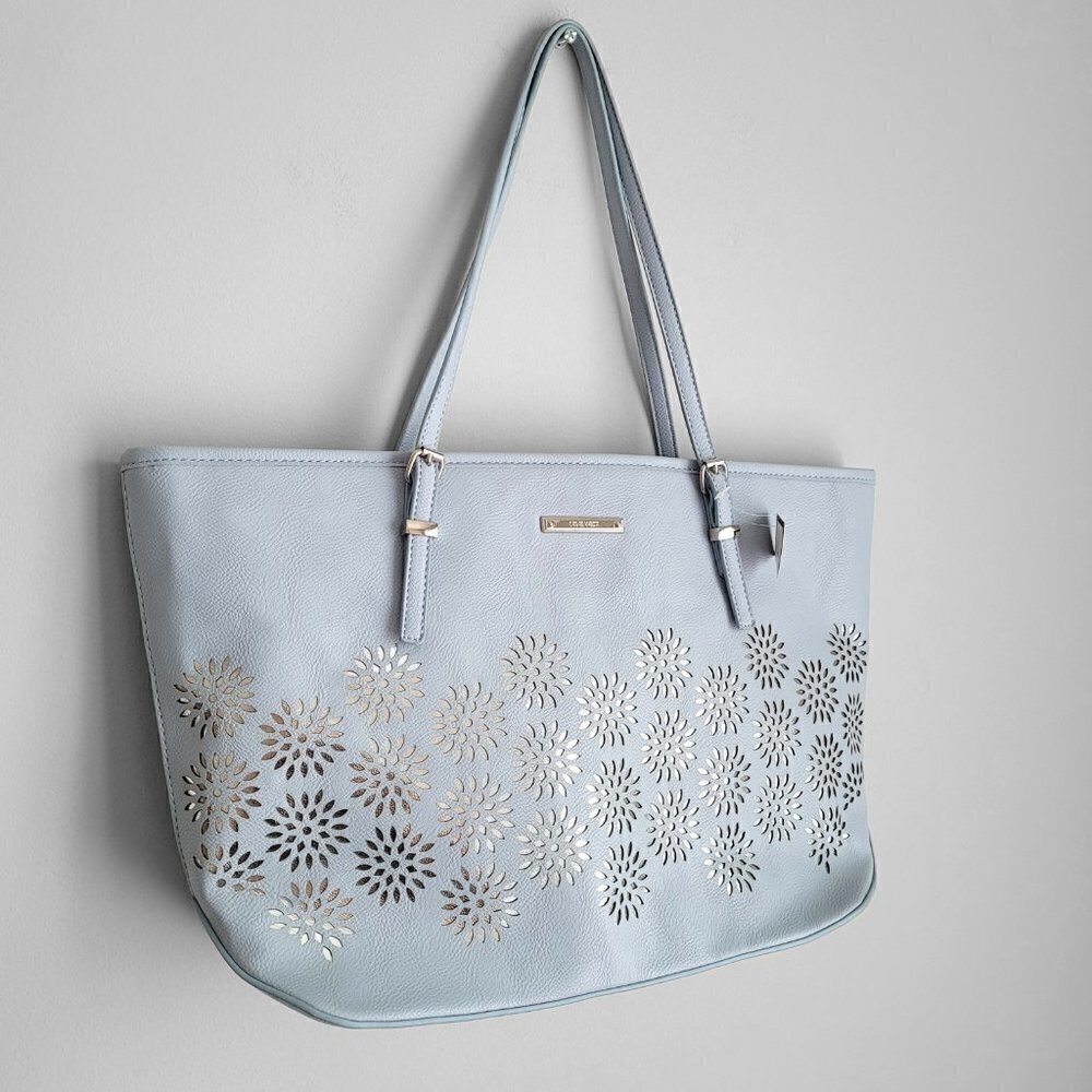 NWT Nine West It Girl Dust Blue Floral Silver Cut Out Accents Tote Bag - Picture 3 of 12